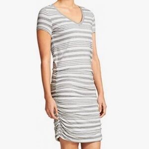 Athleta Topanga V-neck gray striped ruched jersey knit dress size small